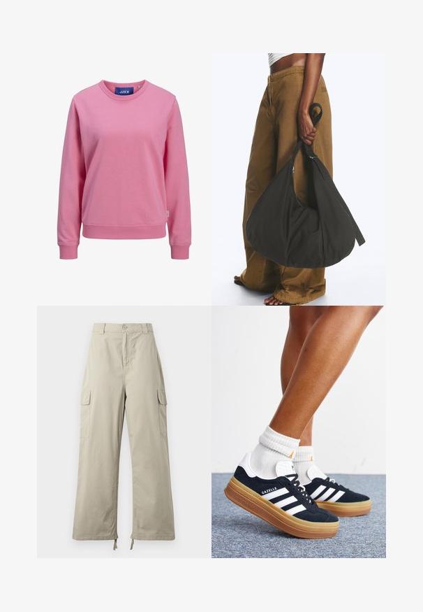 Lyserød sweatshirt lavet af blødt bomuld. Har en rund halsudskæring og lange ærmer med ribbede manchetter og kant. Mærket er synligt ved kraven.; Lys beige cargo bukser med en afslappet pasform, der har knaplukning, sidelommer og justerbar kant med snore. Glat stoftekstur.; Ben iført hvide sokker og sorte Adidas Gazelle sneakers med hvide striber og tykke brune såler på et gråt tæppe.; Person iført brune vidde bukser og hvid top holder en stor sort blød håndtaske i remmen ved siden.
