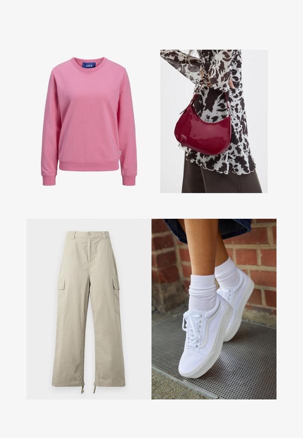Lyserød sweatshirt lavet af blødt bomuld. Har en rund halsudskæring og lange ærmer med ribbede manchetter og kant. Mærket er synligt ved kraven.; Lys beige cargo bukser med en afslappet pasform, der har knaplukning, sidelommer og justerbar kant med snore. Glat stoftekstur.; Hvide lærreds sneakers med gummisåler, der har seks snørehuller, rund tå og let sømdetaljer, krydret med hvide ankelstrømper.; Kvinde iført en sort- og hvidmønstret bluse, der holder en blank rød skuldertaske mod en ensfarvet baggrund.