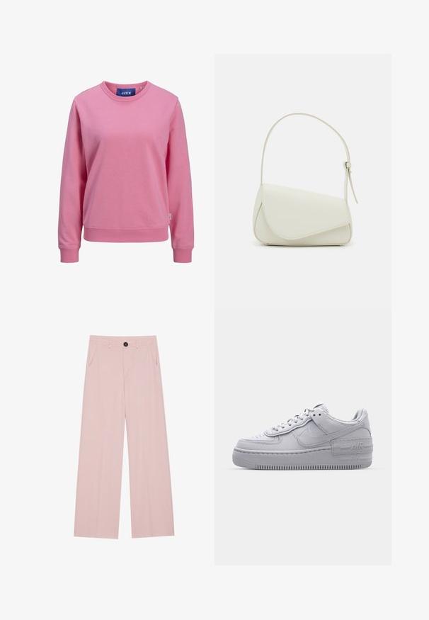 Roze sweatshirt van zacht katoen. Heeft een ronde halslijn en lange mouwen met ribbelmanchetten en -zoom. Label zichtbaar bij de kraag.; Lichtroze wijde broek gemaakt van soepel materiaal, met een sluiting met knoop aan de voorkant, twee zijzakken en een getailleerde silhouette.; Grijze Nike Air Force 1 sneaker met geperforeerde neus, glad leren bovenwerk, dikke zool en verhoogde 'AIR' details op de hiel.; Witte nepleren handtas met een gestructureerde driehoekige vorm, een enkele verstelbare schouderriem en een klep met ronde accenten.