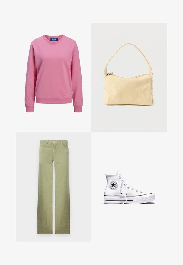 Rosa Sweatshirt aus weichem Baumwollmaterial. Verfügt über einen runden Halsausschnitt und lange Ärmel mit gerippten Bündchen und Saum. Etikett am Kragen sichtbar.; Grüne Baumwollhosen mit geradem Bein-Design, ausgestattet mit Vorderaschen, einem Knopfverschluss und einem klaren, strukturierten Stofffinish.; Weißer Converse Chuck Taylor All Star High-Top-Sneaker mit schwarzen Streifen und Logo-Patch an der Seite, präsentiert vor einem schlichten weißen Hintergrund.; Kleine beige Ledertasche mit einem einzigen Riemen und silbernen Nieten entlang der Kanten und des Riemens, vor einem schlichten Hintergrund.