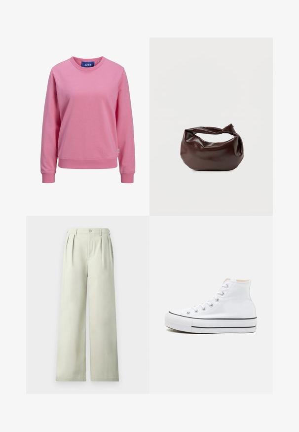 Roze sweatshirt van zacht katoen. Heeft een ronde halslijn en lange mouwen met ribbelmanchetten en -zoom. Label zichtbaar bij de kraag.; Lichtgroene wijde broek van soepel materiaal, met plooien, een enkele knoop in de tailleband en een strakke snit.; Witte hoge sneakers van canvasmateriaal, zwarte rubberen zool en contrasterende zwarte streep op de tussenzool. Circulaire neus en vetersluiting.; Donkerbruine leren schoudertas met een zachte, slungelige vorm en een gedraaide knoopvormige handgreep op een effen witte achtergrond.