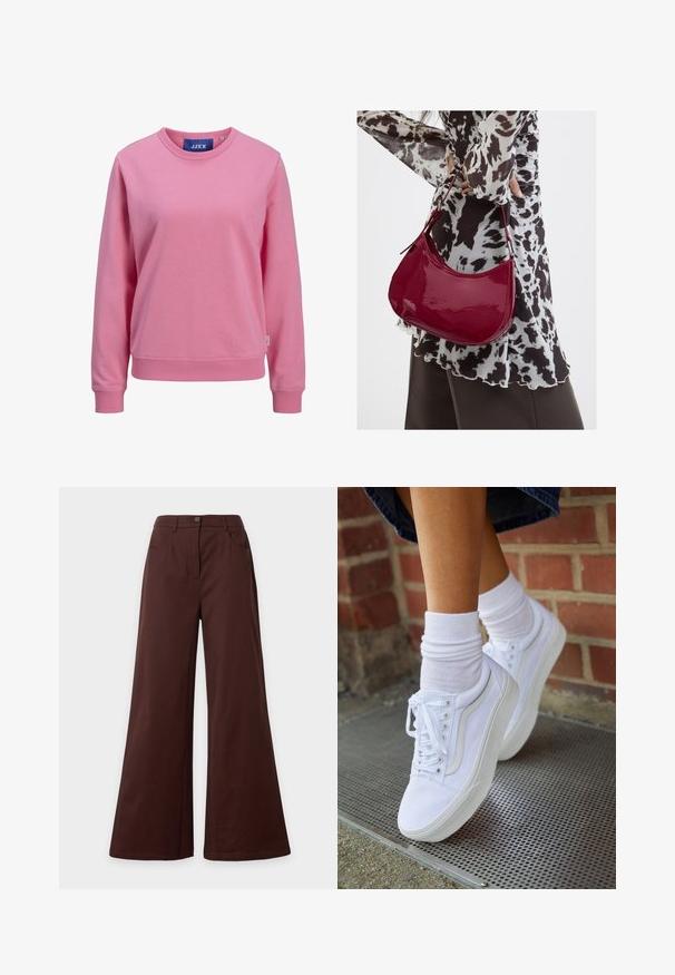 Rosa Sweatshirt aus weichem Baumwollmaterial. Verfügt über einen runden Halsausschnitt und lange Ärmel mit gerippten Bündchen und Saum. Etikett am Kragen sichtbar.; Braune Hose mit weitem Bein, vorderer Knopf und Taschen, auf hellem einfarbigem Hintergrund dargestellt.; Weiße Leinensneaker mit Gummisohlen, ausgestattet mit sechs Ösen, runder Zehenpartie und dezenten Nähten, kombiniert mit weißen Knöchelsocken.; Frau trägt eine schwarz-weiß gemusterte Bluse und hält eine glänzende rote Schultertasche vor einem einfarbigen Hintergrund.