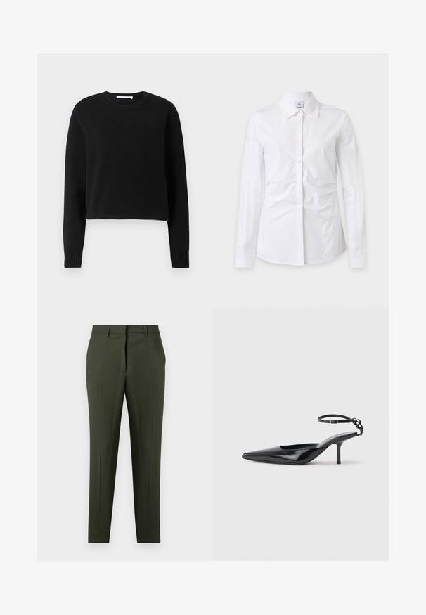 Pull court noir avec des manches longues, encolure et poignets côtelés, fabriqué dans un matériau tricoté doux. Design simple et sans couture.; Chemise blanche à manches longues avec boutons et col, tissu légèrement froissé et étiquette de marque visible à l'intérieur du col.; Pantalon vert foncé sur mesure avec passants de ceinture, poches avant et coupe slim à jambes droites sur fond blanc.; Chaussure slingback en cuir noir, à bout pointu, avec un talon fin et une bride de cheville ornée d'un design de chaînes décoratives. Fini lisse.
