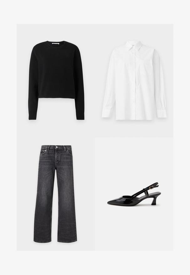 Pull court noir avec des manches longues, encolure et poignets côtelés, fabriqué dans un matériau tricoté doux. Design simple et sans couture.; Chemise blanche à manches longues en coton, avec un col classique, un fermeture à boutons et une poche poitrine simple du côté gauche.; EB Denim LOW RISE - Jean droit - grey denim; Chaussure slingback en cuir verni noir à petit talon, bout pointu et bride réglable avec boucle dorée sur fond blanc.
