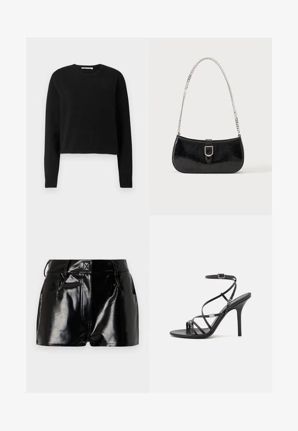 Pull court noir avec des manches longues, encolure et poignets côtelés, fabriqué dans un matériau tricoté doux. Design simple et sans couture.; Shorts noirs et brillants en matériau synthétique. Présentent une taille ajustée, des passants de ceinture et des poches avant avec des détails de couture prononcés.; Sandale noire à talons hauts avec des brides fines, une boucle à la cheville, une surface en cuir lisse et un talon aiguille élancé.; Sac à épaule en cuir verni noir avec détail de boucle argentée et bandoulière en chaîne argentée, présenté sur un fond uni clair.