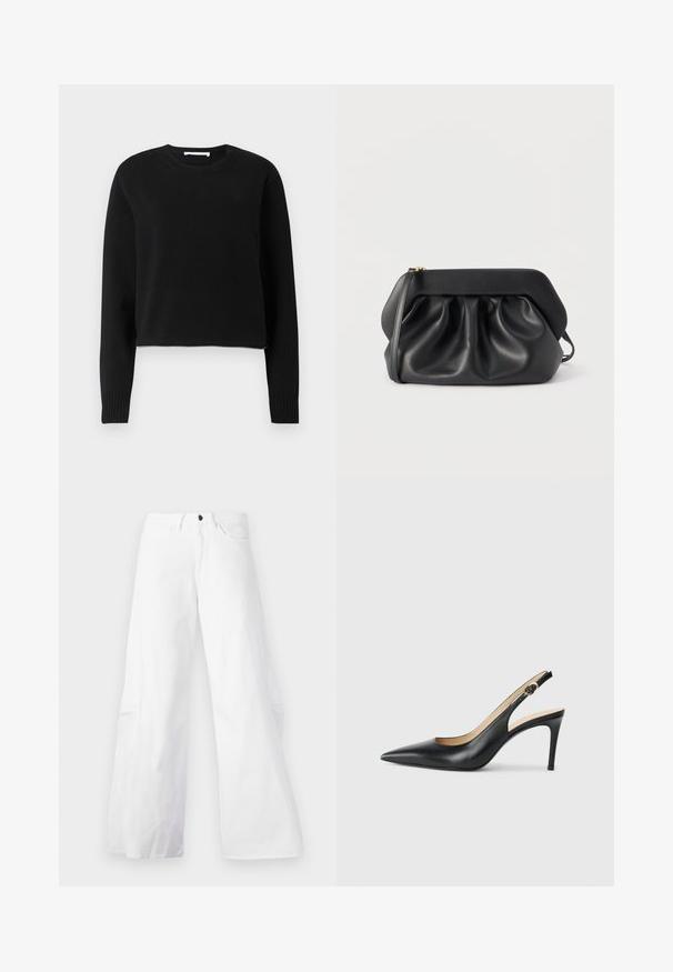 Pull court noir avec des manches longues, encolure et poignets côtelés, fabriqué dans un matériau tricoté doux. Design simple et sans couture.; Pantalons en denim blancs à jambes larges avec un design à cinq poches. Dotés d'un bouton noir et d'une fermeture éclair. Texture lisse, silhouette droite.; Escarpins en cuir noir avec une pointe fine, une bride ajustable et un talon aiguille élégant, présentant une finition lisse.; Pochette en cuir noir avec une structure rigide, des détails froncés et une fine lanière de poignet sur fond blanc.