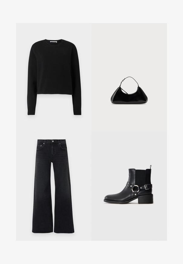 Pull court noir avec des manches longues, encolure et poignets côtelés, fabriqué dans un matériau tricoté doux. Design simple et sans couture.; Jean noir taille haute à jambes larges avec bouton et fermeture éclair à l'avant, passants pour ceinture, et design classique à cinq poches.; Bottine en cuir noir avec boucles latérales et détail en anneau, panneau latéral élastique, petit talon carré et languette de tirage sur fond uni.; Petit sac à main en cuir noir de forme triangulaire arrondie avec une bandoulière ajustable, présenté sur fond blanc.