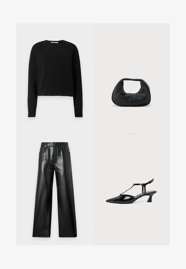 Zwarte cropped trui met lange mouwen, geribbelde halslijn en manchetten, gemaakt van een zachte breimateriaal. Eenvoudig en naadloos ontwerp.; Zwarte wijde broek met hoge taille van nep leer, met knoopsluiting aan de voorkant, ritssluiting en voor- en achterzakken tegen een lichtgrijze achtergrond.; Zwarte pumps van lakleer met spits toelopende neus, T-strap en lage schuine blokhak op witte achtergrond.; Zwarte geweven hobo-tas met een zachte structuur en geïntegreerd handvat, weergegeven op een effen lichte achtergrond.