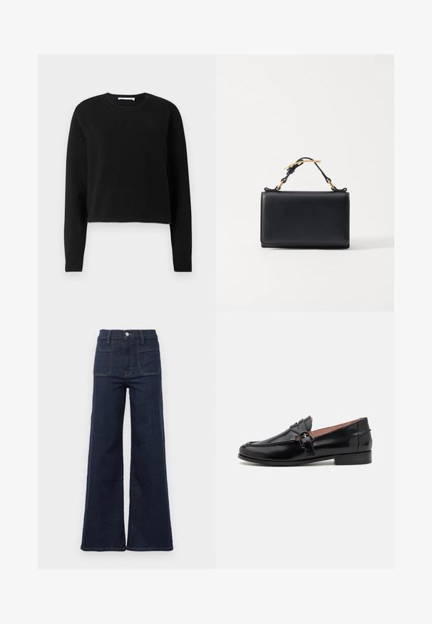 Pull court noir avec des manches longues, encolure et poignets côtelés, fabriqué dans un matériau tricoté doux. Design simple et sans couture.; Jean évasé bleu foncé en denim avec une taille haute, comportant deux poches arrière et des coutures contrastées le long des coutures.; Mocassins en cuir noir avec un talon bas, présentant une boucle décorative, des détails cousus et une finition lisse et brillante.; Sac à main en cuir noir de forme rectangulaire, doté d'une anse supérieure et d'accents en métal doré. Texture lisse, design minimaliste.