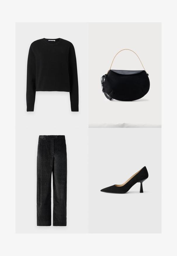 Pull court noir avec des manches longues, encolure et poignets côtelés, fabriqué dans un matériau tricoté doux. Design simple et sans couture.; Pantalons larges noirs texturés avec un tissage prononcé, dotés de plis à l'avant et d'une taille plate. Design classique pour la polyvalence.; Pompe à talons hauts en suède noir avec un bout pointu, dotée d'un talon bloc noir brillant et d'une doublure intérieure lisse.; Sac à main noir en forme de croissant avec rabat en cuir lisse, anse chaîne dorée et sangle en cuir noir réglable sur fond blanc.