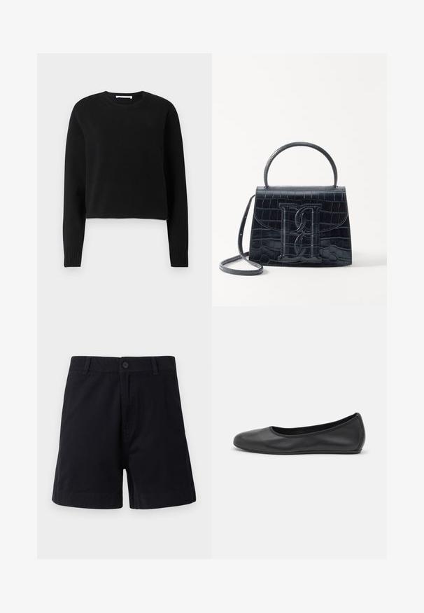 Pull court noir avec des manches longues, encolure et poignets côtelés, fabriqué dans un matériau tricoté doux. Design simple et sans couture.; Shorts en coton bleu marine foncé avec une fermeture à bouton, des poches latérales et une coupe droite, présentant une texture lisse et un design épuré.; Ballerines en cuir noir avec un bout rond, texture lisse, détails de couture minimalistes et design de semelle flexible.; Sac à main en cuir noir embossé en crocodile avec un design structuré, une poignée supérieure, une bandoulière ajustable et un détail de logo en avant bien visible.