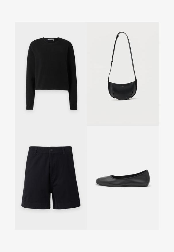 Pull court noir avec des manches longues, encolure et poignets côtelés, fabriqué dans un matériau tricoté doux. Design simple et sans couture.; Shorts en coton bleu marine foncé avec une fermeture à bouton, des poches latérales et une coupe droite, présentant une texture lisse et un design épuré.; Ballerines en cuir noir avec un bout rond, texture lisse, détails de couture minimalistes et design de semelle flexible.; Sac bandoulière en cuir noir en forme de croissant avec bandoulière réglable et petit logo doré au centre avant.