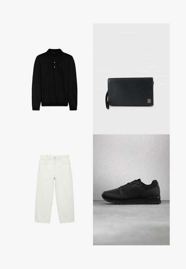 Zwarte lange mouwen polo trui met een omgeslagen kraag, drieknopenbies, geribbelde manchetten en zoom, plat neergelegd op een witte achtergrond.; Witte jeans met rechte pijpen, voorzakken, riemlussen en een knoopsluiting, plat neergelegd op een witte achtergrond.; Zwarte BOSS-sneaker met gestructureerde stof en leren panelen, veters gestrikt, zwevend boven een grijze betonnen vloer bij glasblokken.; Zwarte leren clutch met een gladde textuur, rechthoekige vorm, ritssluiting en polsbandje. Heeft een klein reliëflogo aan de voorkant.