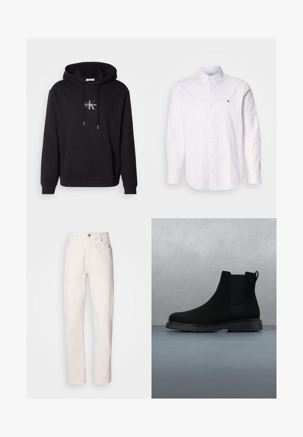 Zwarte katoenen hoodie met een trekkoordcapuchon, kangoeroezak en een zilveren logo met "Calvin Klein" en "CK" op de borst.; Witte button-up shirt gemaakt van katoen, met een klassieke kraag, lange mouwen en een klein CK-logo op de linkerborst. Glad oppervlak.; Spijkerbroek van wit denim met rechte pijpen, knoop- en ritsluiting, riemlussen en voor- en achterzakken, weergegeven op een effen achtergrond.; Zwarte enkelboot van soepel materiaal met subtiele stiksels, een rubberen zool en een slank ontwerp, gepositioneerd boven een houten textuur.