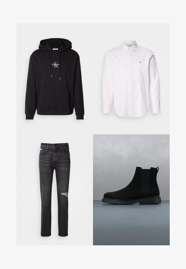 Hoodie en coton noir avec une capuche à cordon de serrage, une poche kangourou et un logo argenté portant "Calvin Klein" et "CK" sur la poitrine.; Chemise blanche à boutons en coton, avec un col classique, des manches longues, et un petit logo CK sur la poitrine gauche. Texture douce.; Jean en denim noir avec une coupe droite, des détails déchirés au niveau des genoux, un style à cinq poches et une finition légèrement délavée.; Bottine noire en matériau lisse avec des coutures subtiles, une semelle en caoutchouc et un design épuré, positionnée au-dessus d'une surface à texture bois.