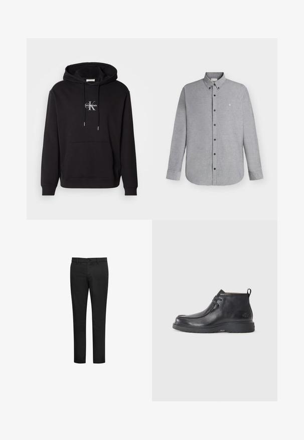 Musta puuvillahuppari, jossa on narulla säädettävä huppu, kengurupocket ja hopeinen logo, jossa lukee "Calvin Klein" ja "CK" rinnassa.; Vaaleanharmaa, pitkähihainen, nappikiinnitteinen paita, jossa on napillinen kaulus ja vasemmalle rinnalle ommeltu pieni "cK"-logo.; Mustat housut, jotka on valmistettu puuvillasekoitekankaasta. Housuissa on kapea istuvuus, sileä etuosa ja napitus.; Musta nahkainen nilkkakengät, joissa on pyöreä kärki, nauhoitettu muotoilu ja vetotappi takana. Teksturoitu päällinen ja kumipohja.