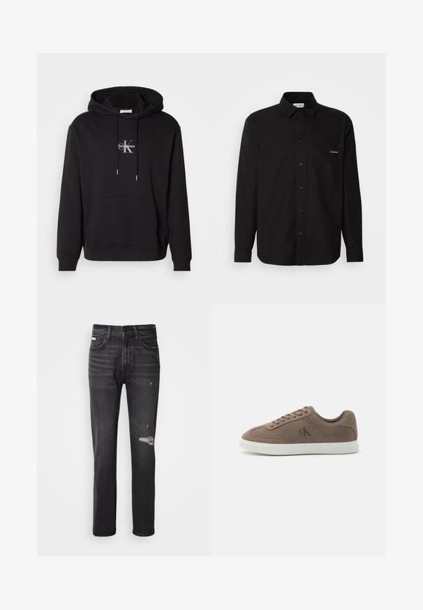 Sudadera de algodón negra con capucha ajustable, bolsillo canguro y un logo plateado con "Calvin Klein" y "CK" en el pecho.; Camisa negra de manga larga fabricada en algodón, con cierre de botones en el frente, dos bolsillos en el pecho y un pequeño logo en el bolsillo izquierdo.; Jeans de mezclilla negra con un diseño de pierna recta, detalles desgastados en la rodilla, estilo de cinco bolsillos y un sutil acabado deslavado.; Zapatilla baja de ante color topo con cordones beige, suela de goma blanca y sutil logotipo "cK" en el lateral.