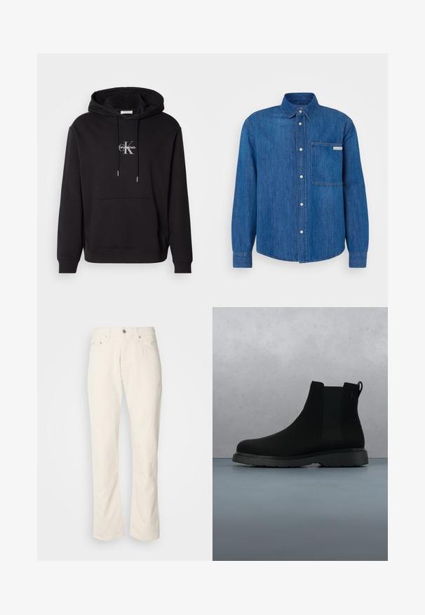 Sort bomulds hættejakke med snoretræk i hætten, kangaroo-lomme og et sølvfarvet logo, der viser "Calvin Klein" og "CK" på brystet.; Blå denim skjorte med knapper, spidse krave, lange ærmer, brystlomme og et logo på lommen. Glat, holdbart stof.; Beige bomuldsjeans med et klassisk lige ben-design, der har en forreste knaplukning, fem lommer og diskrete syninger.; Sort ankelstøvle lavet af glat materiale med diskrete syninger, en gummisål og et strømlinet design, placeret over en overflade med træstruktur.