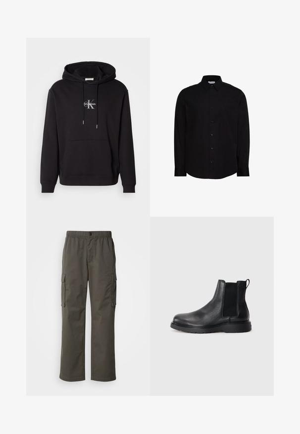 Sort bomulds hættejakke med snoretræk i hætten, kangaroo-lomme og et sølvfarvet logo, der viser "Calvin Klein" og "CK" på brystet.; Sort langærmet skjorte med knapper, lavet af glat stof. Har en klassisk krave, frontknaplukning og et lille logo på brystet.; Cargo bukser i mørkegrå med elastisk talje, to sidelommer og en afslappet pasform. Fremstillet af holdbart stof med en glat tekstur.; Sorte læder chelsea støvler med tekstureret finish, elastiske sidepaneler og en robust gummisål. Subtil branding på hælen.