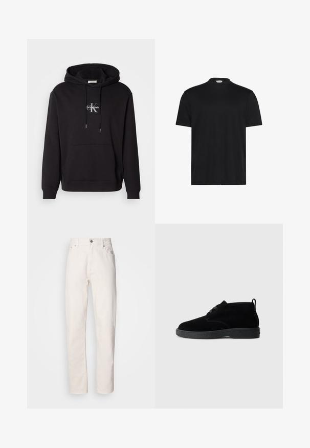 Sort bomulds hættejakke med snoretræk i hætten, kangaroo-lomme og et sølvfarvet logo, der viser "Calvin Klein" og "CK" på brystet.; Sort T-shirt med en kort, høj halsudskæring. Fremstillet af blødt stof, den har korte ærmer og en afslappet pasform uden bemærkelsesværdige mønstre eller accenter.; Hvide denim jeans med lige ben, med knap- og lynlåslukning, bæltestropper samt for- og baglommer, præsenteret på en ensfarvet baggrund.; Sorte ruskindsankelstøvler med rund tå, snørebåndsdesign, sort gummisål og en sløjfe bag på for nem påtagning.