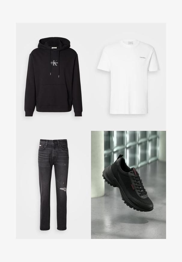 Schwarzer Baumwollhoodie mit verstellbarem Kapuzenzug, Kängurutasche und einem silbernen Logo mit "Calvin Klein" und "CK" auf der Brust.; Weißes Baumwoll-T-Shirt mit kurzen Ärmeln und Rundhalsausschnitt. Mit einem kleinen schwarzen "Calvin Klein"-Logo auf der linken Brust.; Schwarze Denim-Jeans mit gerade geschnittenem Bein, ausgefransten Details an den Knien, Fünf-Taschen-Stil und einem dezenten, ausgewaschenen Finish.; Schwarzer Calvin Klein Sneaker mit Mesh-Obermaterial, gepolstertem Kragen und robuster Sohle, schwebend über einem Betonboden dargestellt.