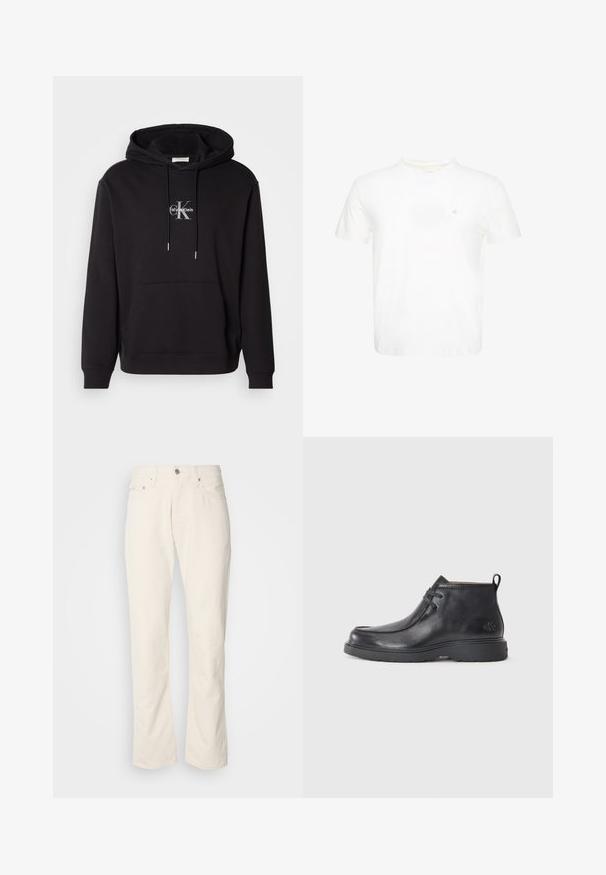 Sudadera de algodón negra con capucha ajustable, bolsillo canguro y un logo plateado con "Calvin Klein" y "CK" en el pecho.; Camiseta blanca de manga corta con cuello redondo y pequeño logo "ck" bordado en el pecho izquierdo.; Jeans de algodón color beige con un diseño clásico de pierna recta, que cuentan con un cierre frontal de botón, cinco bolsillos y detalles de costura sutiles.; Botas de cuero negras hasta el tobillo con punta redondeada, diseño con cordones y una lengüeta en la parte trasera. Parte superior texturizada y suela de goma.