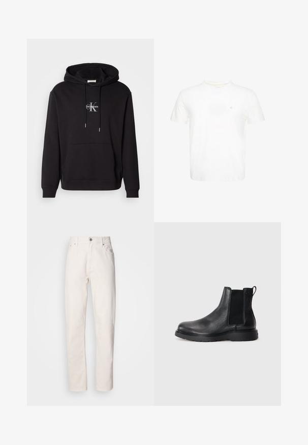 Sort bomulds hættejakke med snoretræk i hætten, kangaroo-lomme og et sølvfarvet logo, der viser "Calvin Klein" og "CK" på brystet.; Hvid T-shirt med korte ærmer og rund hals med lille broderet "ck" logo på venstre bryst.; Hvide denim jeans med lige ben, med knap- og lynlåslukning, bæltestropper samt for- og baglommer, præsenteret på en ensfarvet baggrund.; Sorte læder chelsea støvler med tekstureret finish, elastiske sidepaneler og en robust gummisål. Subtil branding på hælen.