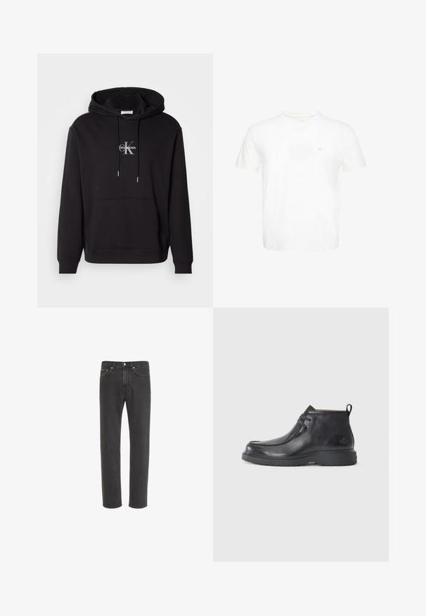Hoodie en coton noir avec une capuche à cordon de serrage, une poche kangourou et un logo argenté portant "Calvin Klein" et "CK" sur la poitrine.; T-shirt blanc à manches courtes et col rond avec un petit logo "ck" brodé sur la poitrine gauche.; Jean en denim noir à coupe droite avec fermeture avant par bouton et zip, poches avant et arrière, présenté sur fond blanc.; Bottes noires en cuir à talon arrondi, avec un design à lacets et une languette à l'arrière. Tige texturée et semelle en caoutchouc.