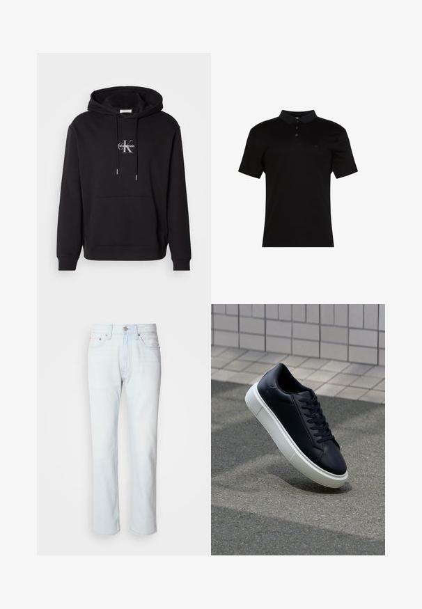 Schwarzer Baumwollhoodie mit verstellbarem Kapuzenzug, Kängurutasche und einem silbernen Logo mit "Calvin Klein" und "CK" auf der Brust.; Schwarzes Poloshirt aus glattem Stoff mit Kragen, dreiknöpfigem Verschluss und kleinem Logo auf der linken Brust.; Hellblaue Jeans mit geradem Bein. Verfügt über einen Knopfverschluss und Gürtelschlaufen, präsentiert eine ausgebleichte Textur und minimale Nähte.; Schwarze Leder-Sneaker mit runder Zehenpartie und weißer Gummisohle. Verfügt über flache Schnürsenkel und minimale Nähte im Obermaterial. Strukturiertes Sohlenprofil für besseren Halt.