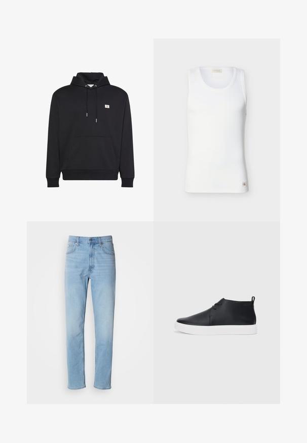 Sort pullover hoodie med forlommekangurulomme, snøretrækshætte og lille firkantet logo på venstre bryst.; Hvid ribbet ærmeløs tanktop med rund halsudskæring og lille Calvin Klein-logo mærke nær kanten på ensfarvet baggrund.; Lys blå denim jeans med lige pasform, fem lommer og bæltestropper. Stoffet har en glat overflade med en let falmningseffekt.; Sorte læder højtop sneakers med en glat finish, hvid gummisål og simpel snørebåndsdesign. Har en pull tab bagpå.