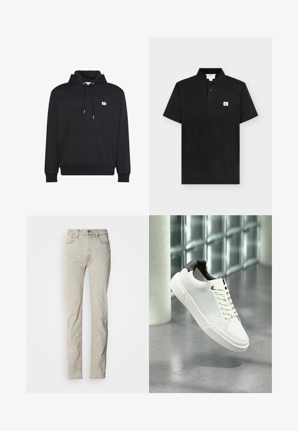 Sort pullover hoodie med forlommekangurulomme, snøretrækshætte og lille firkantet logo på venstre bryst.; Sort kortærmet polo med to knapper og et lille hvidt og rødt "CK" logo-patch på venstre bryst.; Beige denimjeans med lige ben, fem-lomme-design og knaplukning. Har en subtil tekstur og minimale syningsdetaljer.; Hvid lav tå-sneaker med sort struktureret hælfane, hvide snørebånd og tyk sål på en poleret betongulv nær glasblokke.