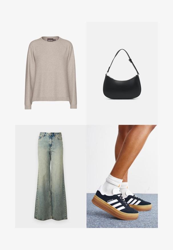 Beige trui van zacht gebreid materiaal. Heeft een ronde hals, lange mouwen en geribde boorden. Casual pasvorm met een gladde textuur.; lichtblauwe wijde jeans van denim, met een hoge taille, vervaagde wassing en zijzakken met zichtbare stiksels.; Ben met witte sokken en zwarte Adidas Gazelle sneakers met witte strepen en dikke bruine zolen op een grijs tapijt.; Pieces PCALUANA SHOULDER BAG - Handtas - black