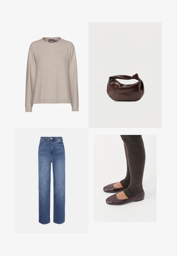 Beige trui van zacht gebreid materiaal. Heeft een ronde hals, lange mouwen en geribde boorden. Casual pasvorm met een gladde textuur.; Lichtblauwe spijkerbroeken met een hoge taille, recht model, vijfzakkenstijl en subtiele vervagingen in de stof.; Bordeaux lakleren ballerina's met een vierkante neus, gecombineerd met donkerbruine geribbelde sokken die tot halverwege de kuit reiken.; Donkerbruine leren schoudertas met een zachte, slungelige vorm en een gedraaide knoopvormige handgreep op een effen witte achtergrond.