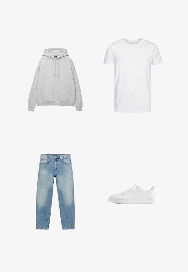 Hoodie gris clair en mélange de coton doux, avec une capuche à cordon de serrage, une poche avant à rabat et des poignets et un ourlet côtelés.; T-shirt à col rond à manches courtes de couleur blanche unie, fabriqué en coton doux, avec un design simple sans motifs ni accents visibles.; Jean droit en denim bleu avec poches avant et passants de ceinture, présentant des détails légèrement décolorés sur les cuisses et les genoux.; Baskets basses blanches avec lacets, dessus en cuir lisse et semelle extérieure en caoutchouc plate, vues de côté sur fond blanc.