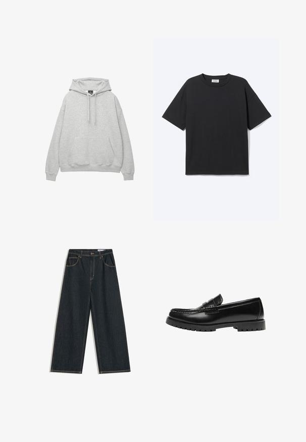 Lysegrå hoodie lavet af blødt bomuldsblanding, har en hætte med snor, frontlomme og ribbede manchetter og kant.; Sort T-shirt med korte ærmer og rund hals med afslappet pasform, forfra, ensfarvet design og synligt Weekday-mærke inde i kraven.; Mørkeblå jeans med brede ben, forrest med knapper, lynlås og femlommedesign, med synlige gule syninger.; Sort læderloafer med en kraftig gummisål og klassiske penny-strap detaljer, vist fra ydersiden.