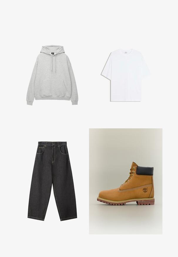 Lysegrå hoodie lavet af blødt bomuldsblanding, har en hætte med snor, frontlomme og ribbede manchetter og kant.; Hvid oversized bomulds t-shirt med rund hals og korte ærmer; glat tekstur, uden synlige mønstre eller accenter.; Sorte denim brede bukser med gule sømme, fem-lomme-design og en mid-rise talje. Struktureret stof med en glat overflade.; Brun læderankelstøvle med sort krave, gule snørebånd og tanfarvet sål. Har logo og hvide syninger som detalje. Robust ydersål med greb.