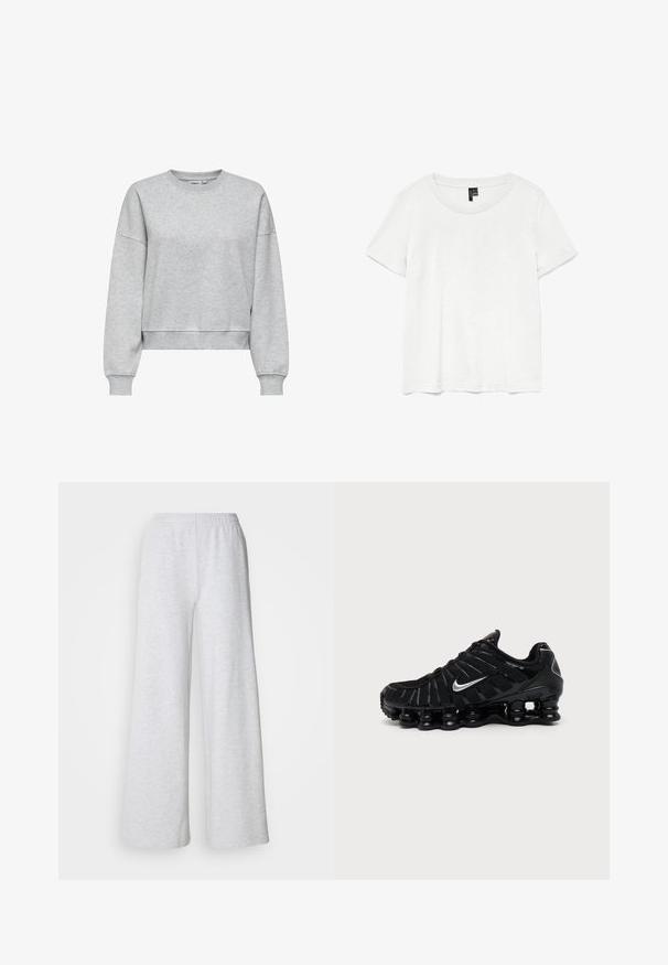 ONLY ONLBEST L/S CREW NECK SWT NOOS - Sweatshirt - light grey melange; Hvid kortærmet t-shirt med rund halsudskæring, lavet af letvægtsstof. Enkel design, glat tekstur og lige kant.; Lysegrå brede bukser med elastisk talje, lavet af blødt stof med en subtil tekstur og uden synlige mønstre eller accenter.; Sort Nike sportssko med sølv Swoosh-logo, mesh og syntetisk overdel, og en karakteristisk segmenteret polstret sål.