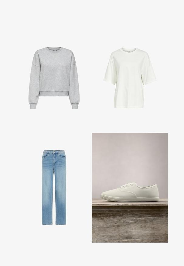 Light gray crewneck sweatshirt with long sleeves and ribbed cuffs and hem, shown on a white background.; Plain white short-sleeve oversized T-shirt with a round neck and a small tag inside the collar.; Light blue straight-leg denim jeans with front pockets, button closure, and belt loops, shown against a white background.; White canvas sneakers with a rounded toe, six eyelets, and textured rubber sole, suspended above a wooden surface with green grass in the background.