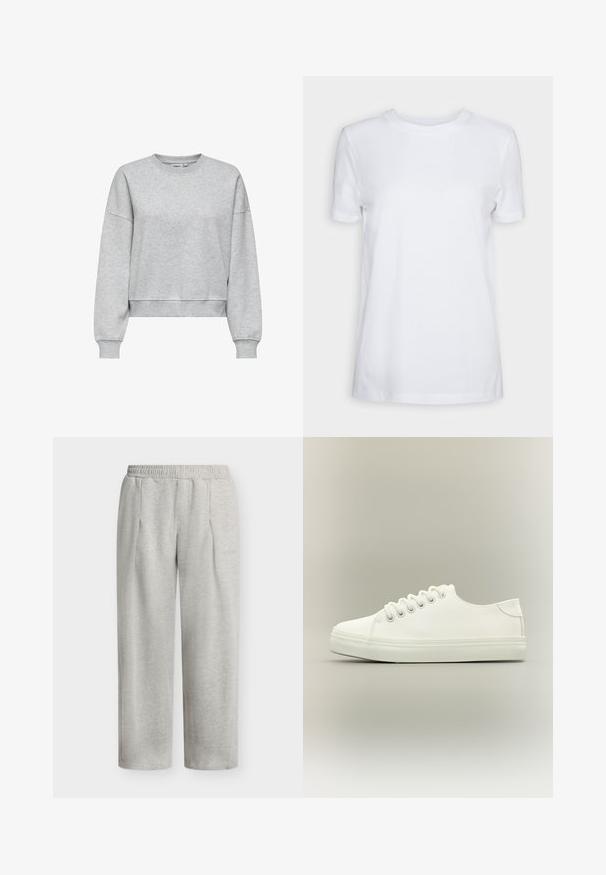 ONLY ONLBEST L/S CREW NECK SWT NOOS - Sweatshirt - light grey melange; Simpel hvid T-shirt med korte ærmer og rund hals, normal pasform og et lille indvendigt mærke på nakken med teksten "SELECTED FEMME."; Lys grå sweatpants med elastisk talje og lige ben, med diskrete frontplisseringer og sidelommer, designet til casual brug.; Hvid lavtop sneaker med hvide snørebånd og gummisål vist fra siden på en neutral baggrund.