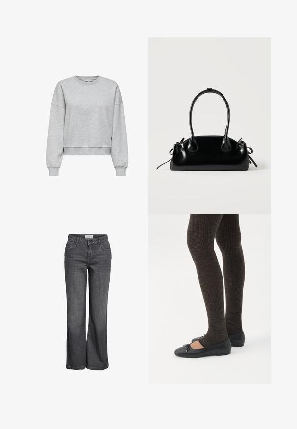 ONLY ONLBEST L/S CREW NECK SWT NOOS - Sweater - light grey melange; Wijd-uitlopende jeans in donkergrijze denim. Heeft een hoge taille, een traditionele vijf-pocket ontwerp en een nette zoom zonder versieringen.; Benen met donkere geribbelde leggings gecombineerd met zwarte ballerina's met kleine strikdetails op een witte achtergrond.; Kleine zwarte glanzende handtas met twee lange hengsels en zijkant trekkoord details op een effen lichte achtergrond.