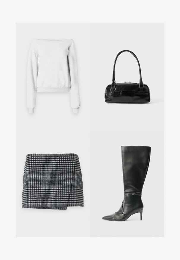 Sudadera gris con un diseño de hombros caídos, mangas largas y puños acanalados. Fabricada en un tejido suave con un dobladillo corto.; Min falda de lana con un patrón de Pied de Poule en blanco y negro, corte recto con un dobladillo ligeramente asimétrico y tejido texturizado.; Botas negras de cuero hasta la rodilla con tacón delgado, punta afilada y detalles de diseño con correas en el tobillo. Textura suave y diseño ajustado.; Bolso de mano de cuero negro con forma rectangular, equipado con un asa estructurada, herrajes en plata y cierre de cremallera. Textura suave.