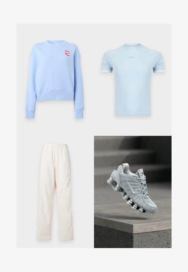 Világoskék környakas pulóver hosszú ujjal, a mellkason egy kis piros szív logóval és "To You Love: Nike" felirattal.; Világoskék rövid ujjú sportfelső sima szövetből. Kerek nyakkivágással és finom Nike logóval a mellrészen, fehér díszítésekkel.; Laza szabású, elasztikus derékú, krémszínű nadrág egyenes szárú szabással, egyszerű fehér háttér előtt bemutatva.; Világosszürke Nike futócipő párnázott, rugószerű talppal, amely egy beton perem fölött lebeg, elmosódott lépcső háttérrel.