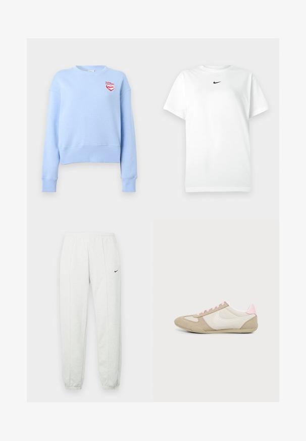 Világoskék környakas pulóver hosszú ujjal, a mellkason egy kis piros szív logóval és "To You Love: Nike" felirattal.; Fehér, rövidujjú, kerek nyakú póló, kicsi fekete Nike logóval középen, a nyakvonal alatt.; Világosszürke Nike melegítőnadrág elasztikus derékpánttal, szűkülő szegélyekkel és egy kis fekete logóval a bal combon. Puha, texturált anyag.; Alacsony profilú bézs és fehér sportcipő rózsaszín részletekkel és fűzőkkel, nagy fehér Nike-jelöléssel az oldalon.