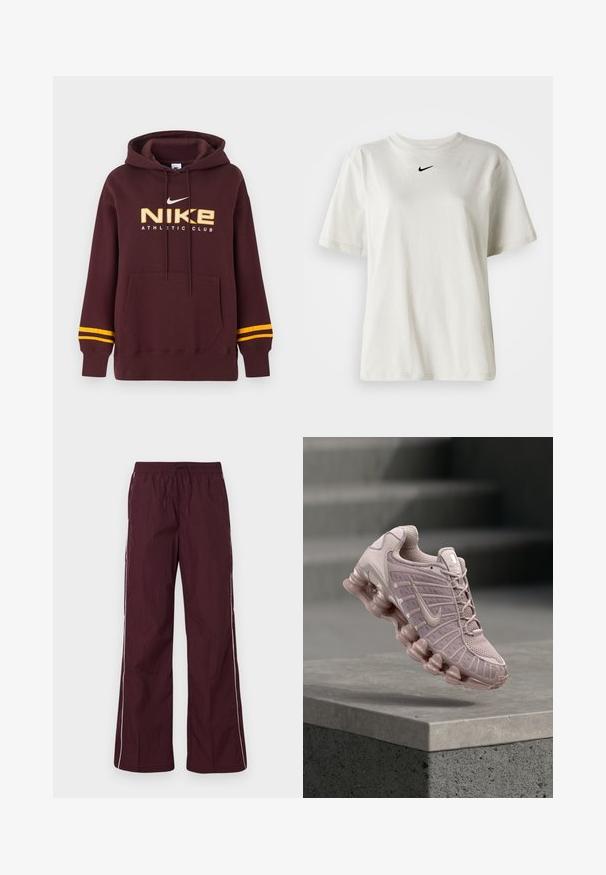 Σκούρα μπορντό φούτερ Nike με κίτρινες διπλές ρίγες στα μανίκια, μπροστινή τσέπη καγκουρό και κείμενο "NIKE ATHLETIC CLUB" με λογότυπο στο στήθος.; Λευκό βαμβακερό μπλουζάκι με στρογγυλή λαιμόκοψη και κοντά μανίκια. Διαθέτει ένα μικρό μαύρο λογότυπο Nike στο στήθος. Απλός και κομψός σχεδιασμός.; Πολυτελή αναπνεύσιμα παντελόνια μπορντό με υφή και άνετη γραμμή. Διαθέτουν λευκές πλευρικές ρίγες και ελαστική μέση με κορδόνι.; Παπούτσια Nike Air Max σε ανοιχτό ροζ, με επάνω μέρος από πλέγμα, μαξιλαρωμένη γλώσσα και χοντρή διαφανή σόλα με κυματιστό σχέδιο.