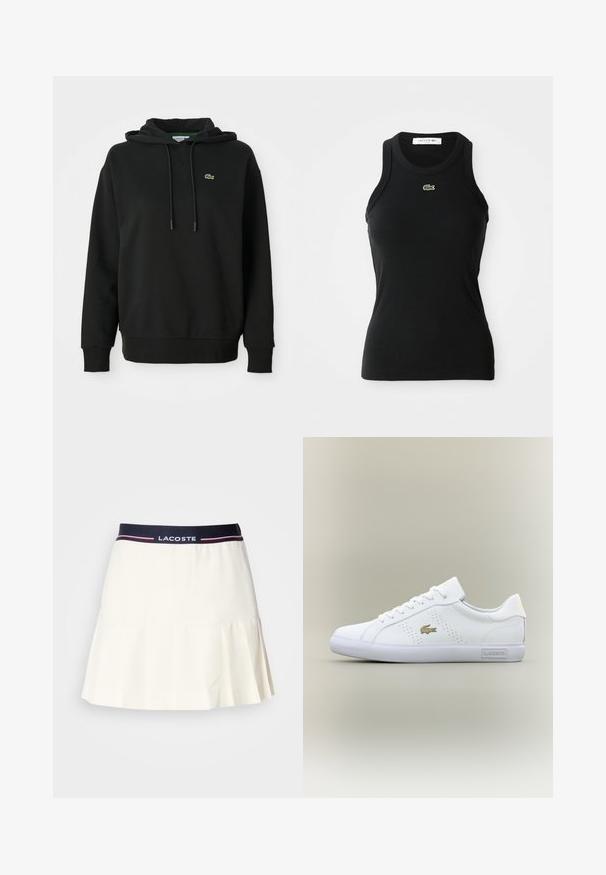Mustlane kapuuts, mis on valmistatud pehmest kangast, sisaldab känguru taskut, reguleeritavat kapuutsi ning rinnal on väike roheline Lacoste logo.; Must have kaeluspahtel must riide, millel on ringikujuline kaelus ja väike roheline Lacoste krokodillilogo, mis asub keskel kaeluse all.; Valge volditud seelik tumeda sinise vöökoha ja Lacoste logo ning punaste detailidega. Valmistatud siledast ja pehmest materjalist.; Valge nahkne sisejalanõud, millel on perforatsioonimuster, kuldne Lacoste logo, lame tall ning polsterdatud krae. Minimalistlik stiil ja sile tekstuur.
