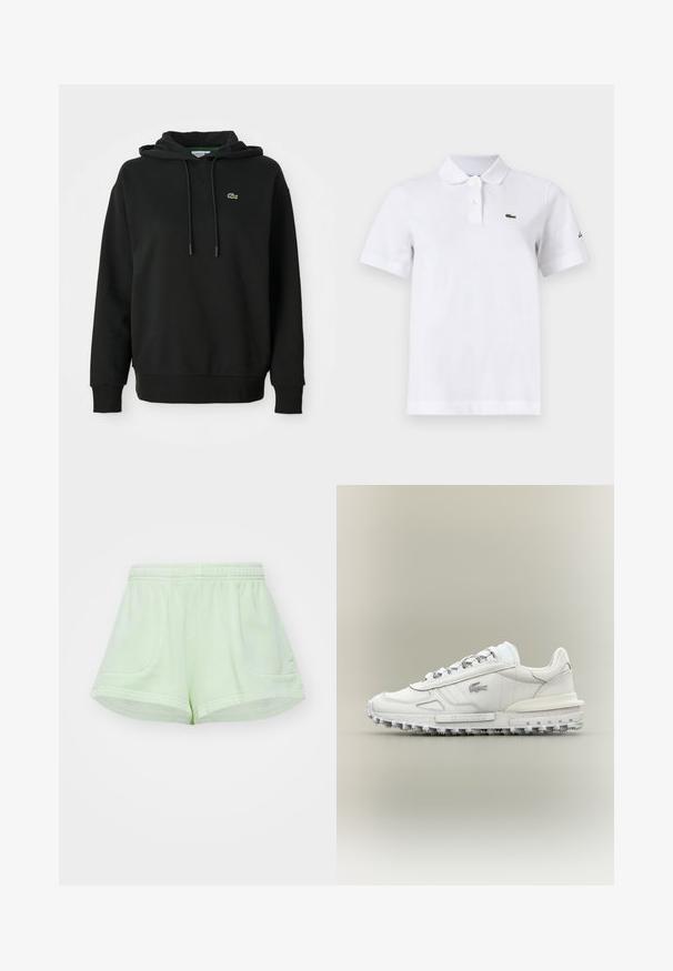 Sudadera negra de tejido suave, con bolsillo tipo canguro, capucha con cordón y un pequeño logo verde de Lacoste en el pecho.; Camiseta polo blanca de manga corta con dos botones, un pequeño logotipo verde de cocodrilo en el pecho izquierdo y un sutil logotipo negro en la manga izquierda.; Shorts verde claro hechos de una tela suave con una cinturilla elástica, que cuentan con dos bolsillos laterales y un diseño de corte relajado.; Zapatilla blanca de perfil bajo con suela texturizada, diseño con cordones y pequeño logo en el lateral sobre un fondo neutro liso.