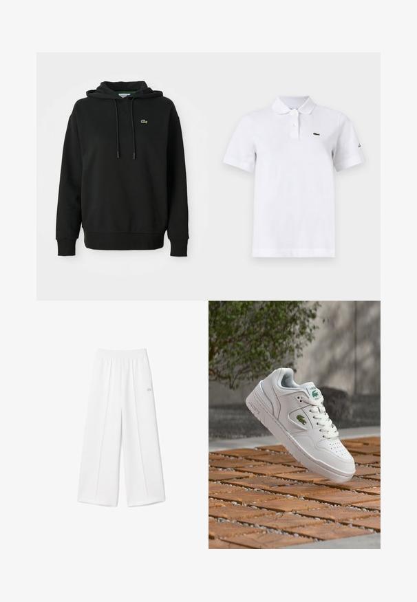 Sort hættetrøje lavet af blød stof, med en kængurulomme, snoretræk i hætten og et lille grønt Lacoste-logo på brystet.; Hvid polo-shirt med korte ærmer med to knapper, en lille grøn krokodille-logo på venstre bryst og et diskret sort logo på venstre ærme.; Hvide bukser med brede ben, elastisk taljebånd, blød stoftekstur, centralt plissering og et lille Lacoste-logo broderet på siden.; Hvid Lacoste-sneakers med grønt krokodillelogo, hvide snørebånd og perforeret tå, der svæver over en træ- og stensål udendørs.