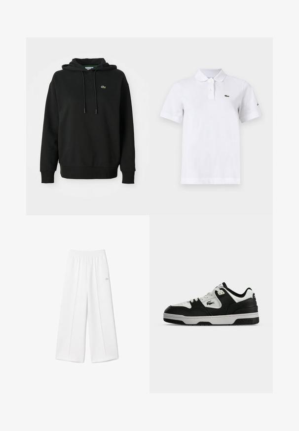 Sort hættetrøje lavet af blød stof, med en kængurulomme, snoretræk i hætten og et lille grønt Lacoste-logo på brystet.; Hvid polo-shirt med korte ærmer med to knapper, en lille grøn krokodille-logo på venstre bryst og et diskret sort logo på venstre ærme.; Hvide bukser med brede ben, elastisk taljebånd, blød stoftekstur, centralt plissering og et lille Lacoste-logo broderet på siden.; Low-top sort-hvide Lacoste sneaker med snørelukning og logo på siden, vist fra ydersiden på en ensfarvet baggrund.