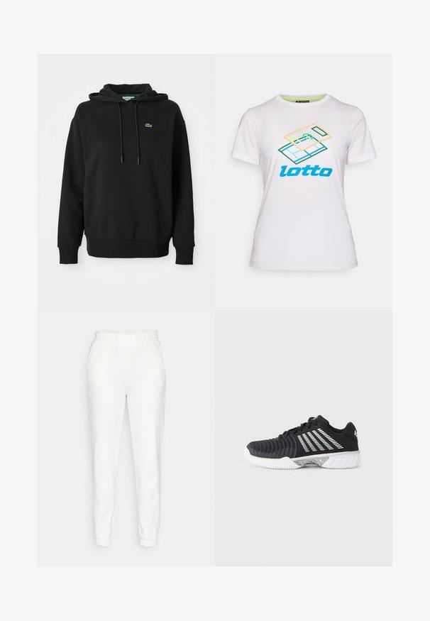 Sudadera negra de tejido suave, con bolsillo tipo canguro, capucha con cordón y un pequeño logo verde de Lacoste en el pecho.; Camiseta blanca de algodón de manga corta, con un gráfico geométrico colorido y el logo "lotto" en azul en la parte frontal.; Pantalones de chándal blancos ajustados con cintura y puños elásticos, con bolsillos laterales, expuestos sobre un fondo liso.; Zapatilla deportiva negra con suela blanca antideslizante, rayas blancas diagonales en el lateral, puntera texturizada y cierre de cordones sobre un fondo gris.