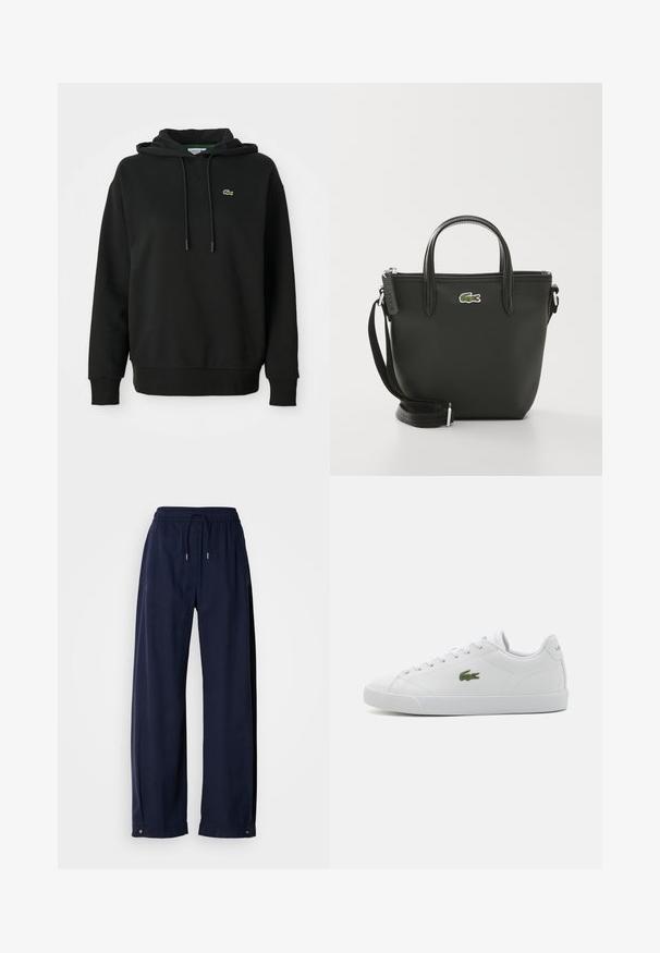 Čierna mikina s kapucňou vyrobená z jemného materiálu, so stredovou vreckom, šnúrkou na kapucni a malým zeleným logom Lacoste na hrudi.; Námorníckomodré široké nohavice vyrobené z mäkkého materiálu. Obsahujú elastický pás s šnúrkou a kovové doplnky na leme.; Biele kožené tenisky s okrúhlym špičkou, šnurovacími detailmi, zeleným vyšitým logom krokodíla a textúrovanou gumovou podrážkou.; Čierna syntetická taška cez rameno s dvojitými hornými uchami, odnímateľným ramenným popruhom, zipsom a akcentom zeleného krokodíla Lacoste.